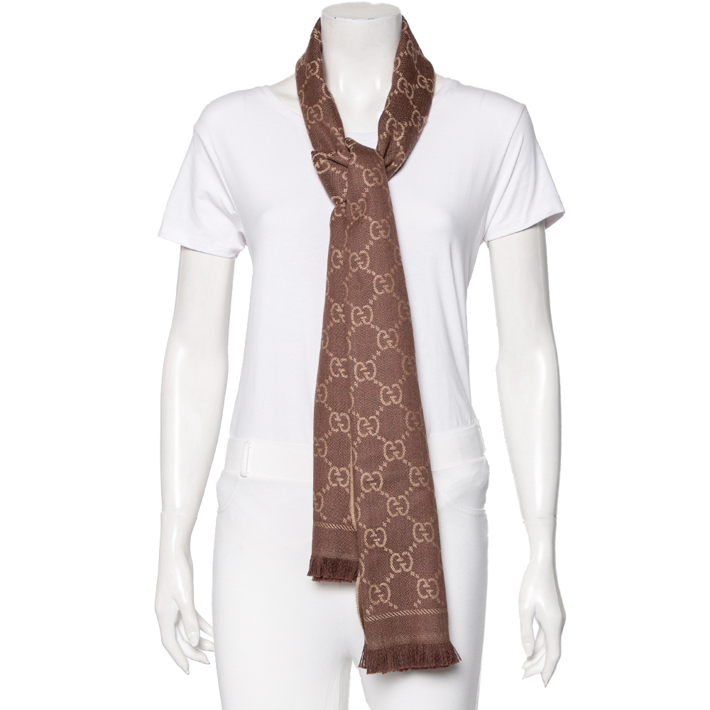 

Gucci Brown & Beige Monogram Jacquard Wool Fringed Scarf