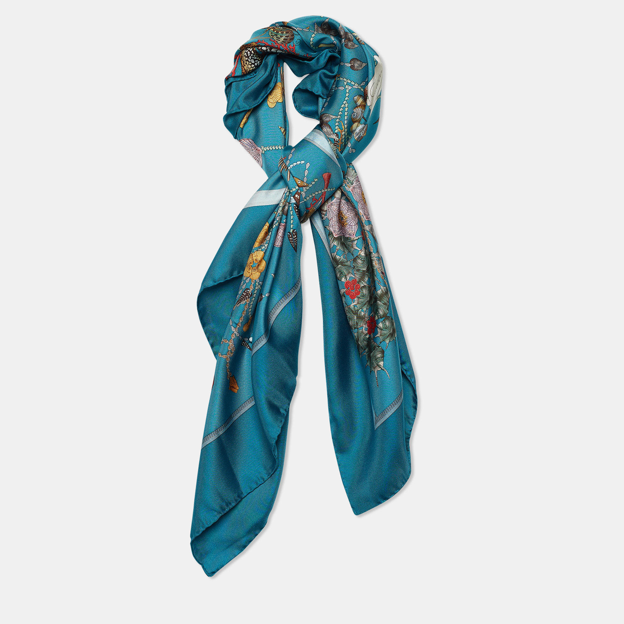 

Gucci Teal Blue Aquatic Print Silk Scarf