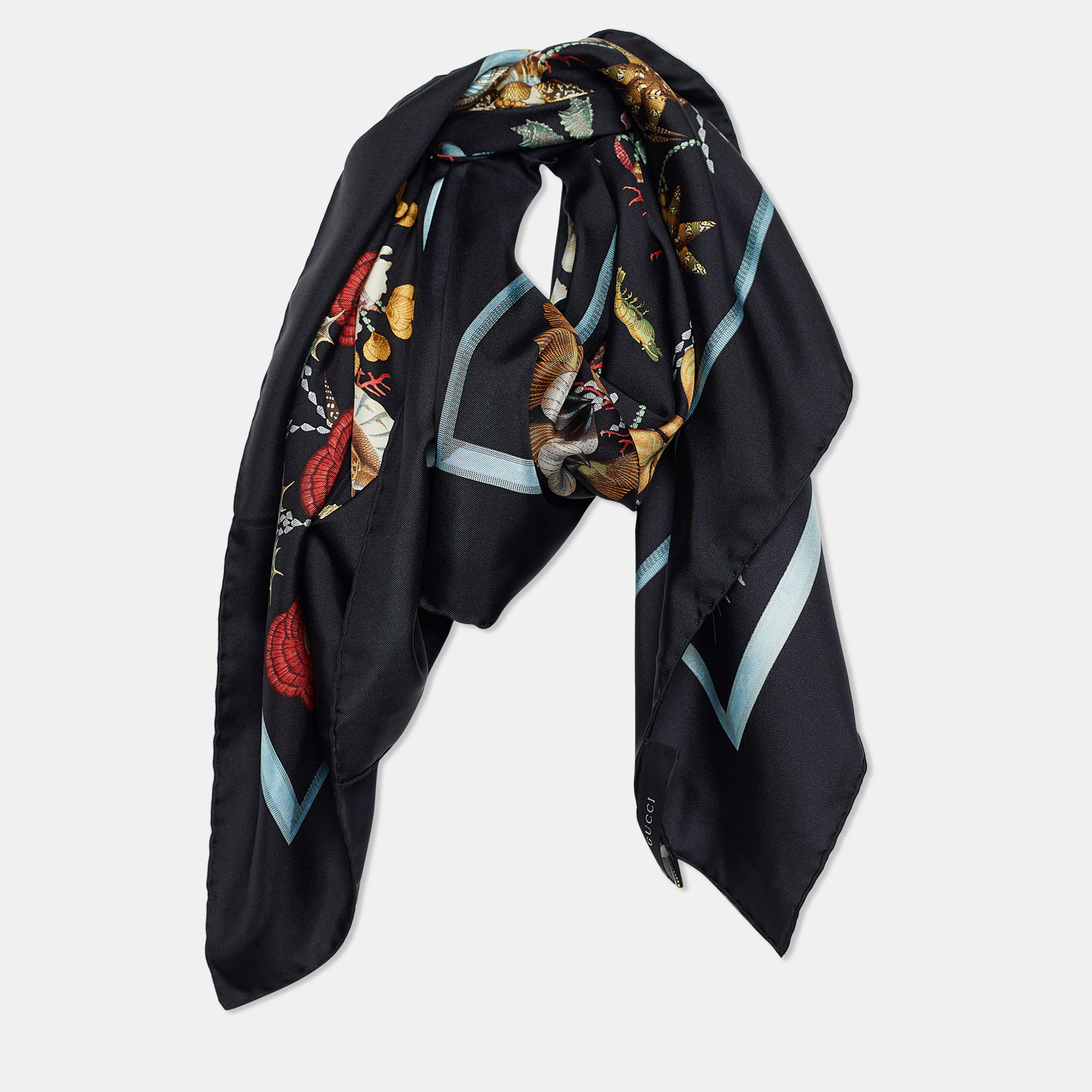 

Gucci Black Aquatic Print Silk Scarf