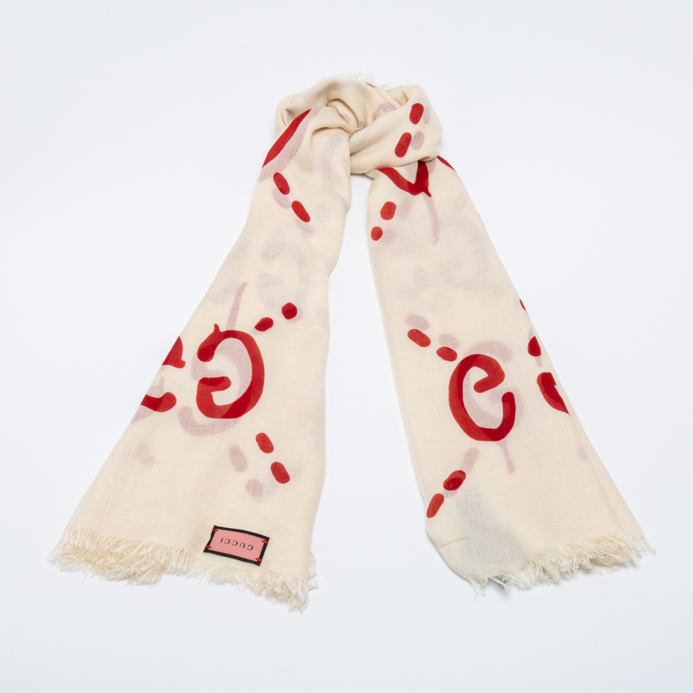 

Gucci Cream and Red GG Ghost Print Modal & Silk Blend Scarf