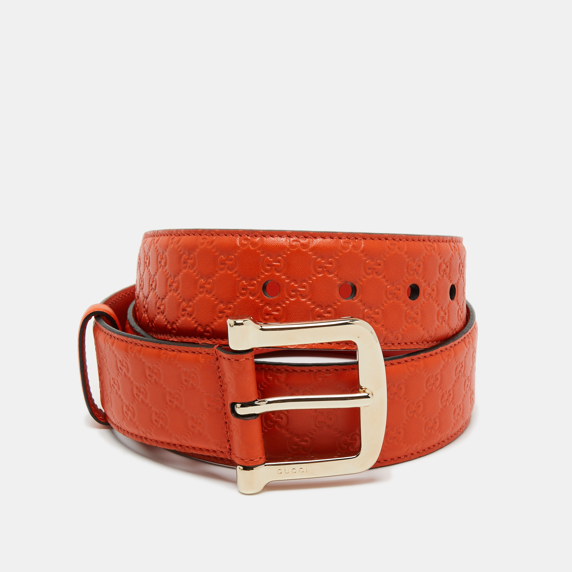 Pre-owned Gucci Orange Microssima Leather Buckle Belt 80cm