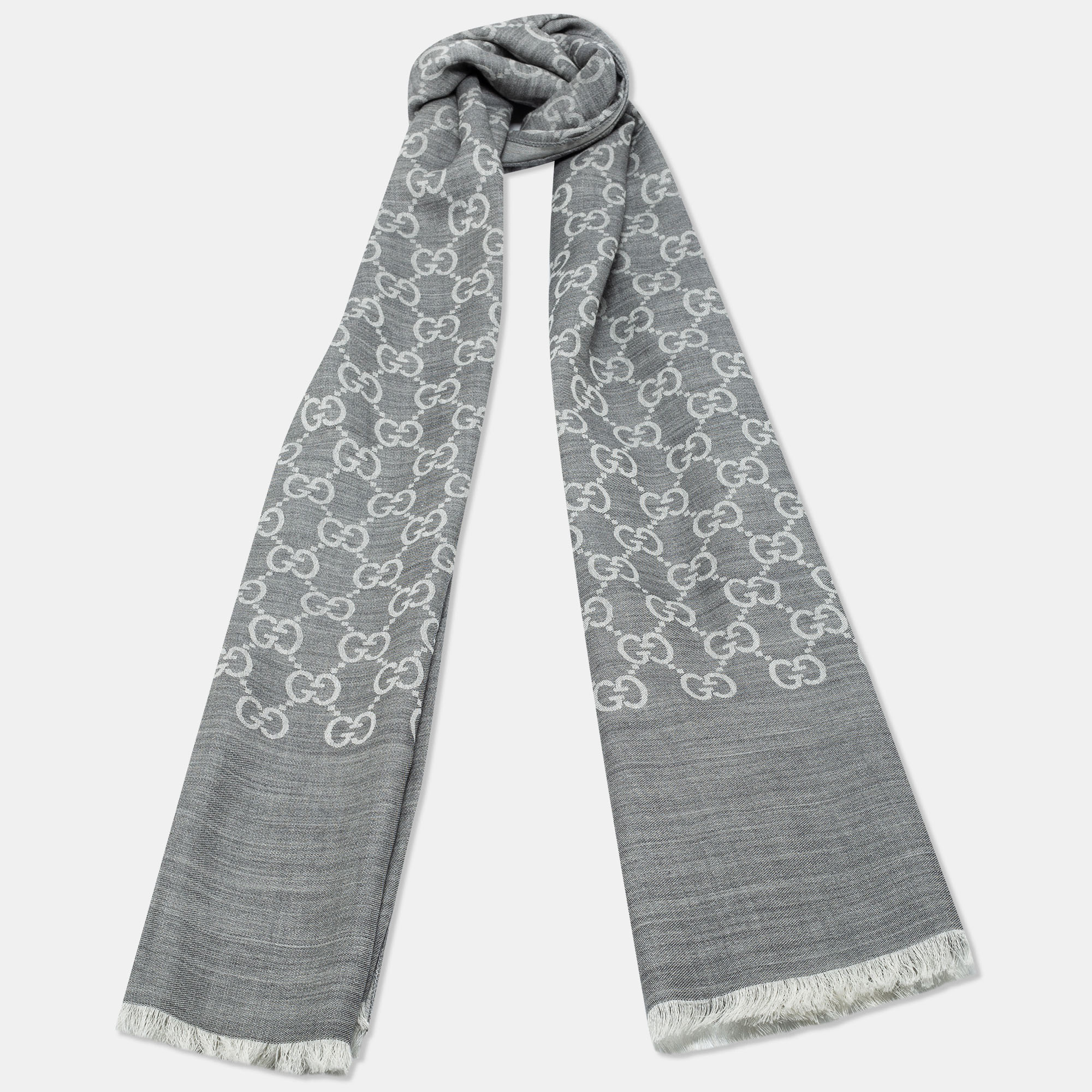 

Gucci Grey GG Monogram Wool & Silk Fringed Scarf, Green