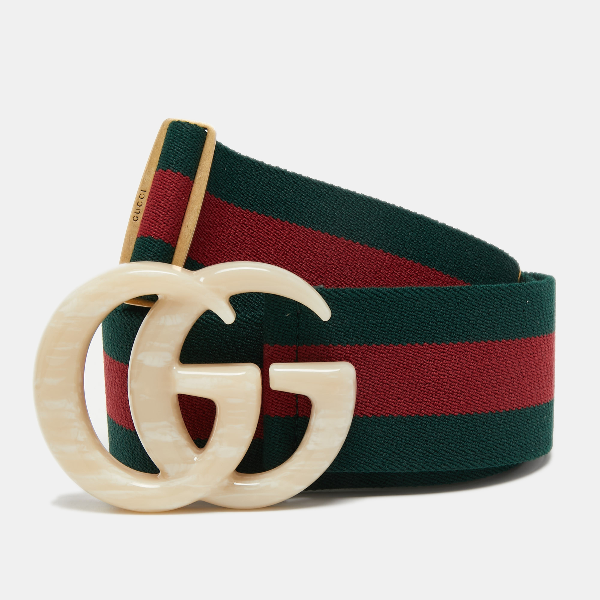 Pre-owned Gucci Green Web Elastic Fabric Marble Effect Double G Buckle Belt 85cm