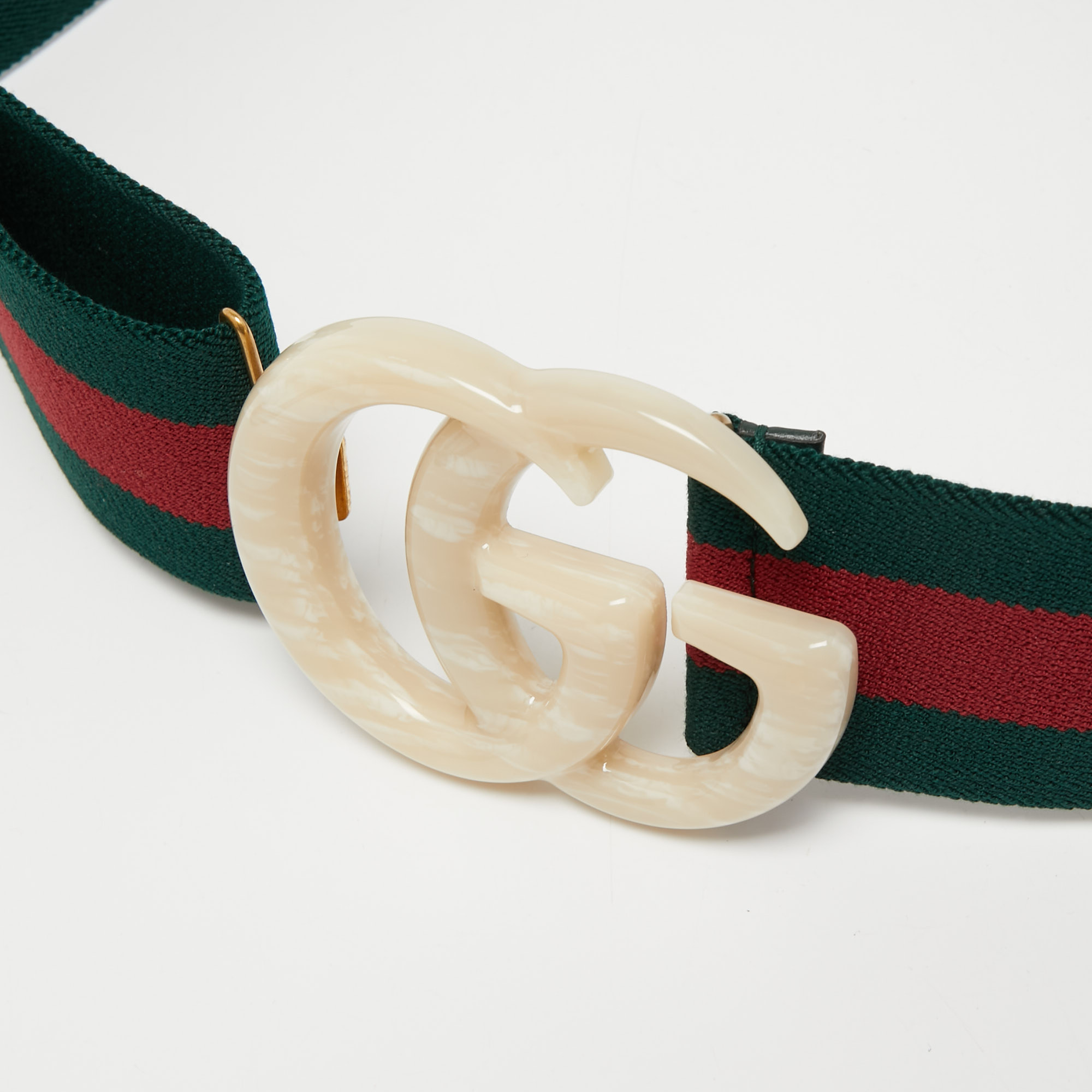 

Gucci Green Web Elastic Fabric Marble Effect Double G Buckle Belt