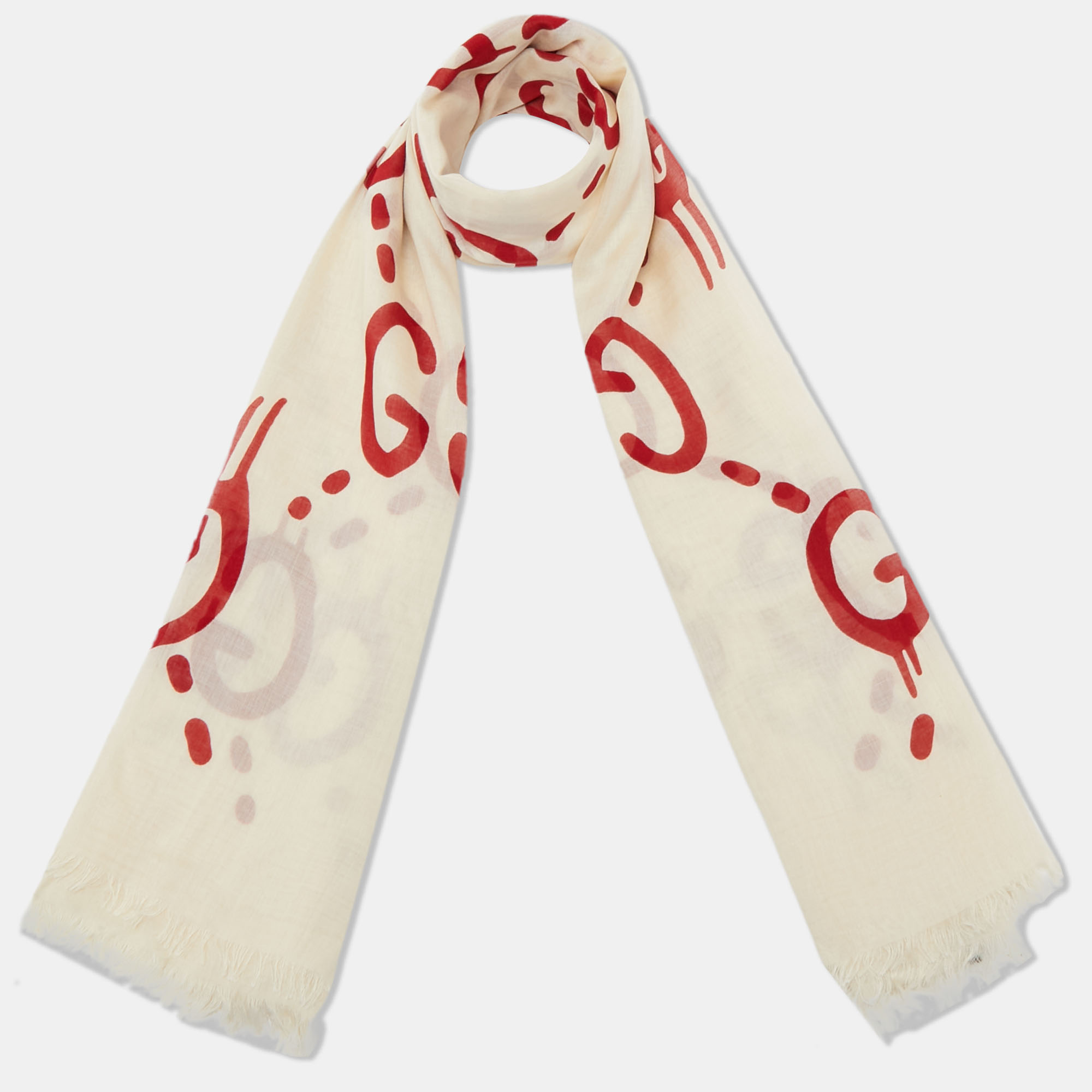 

Gucci Cream and Red GG Ghost Writers Print Modal & Silk Blend Scarf