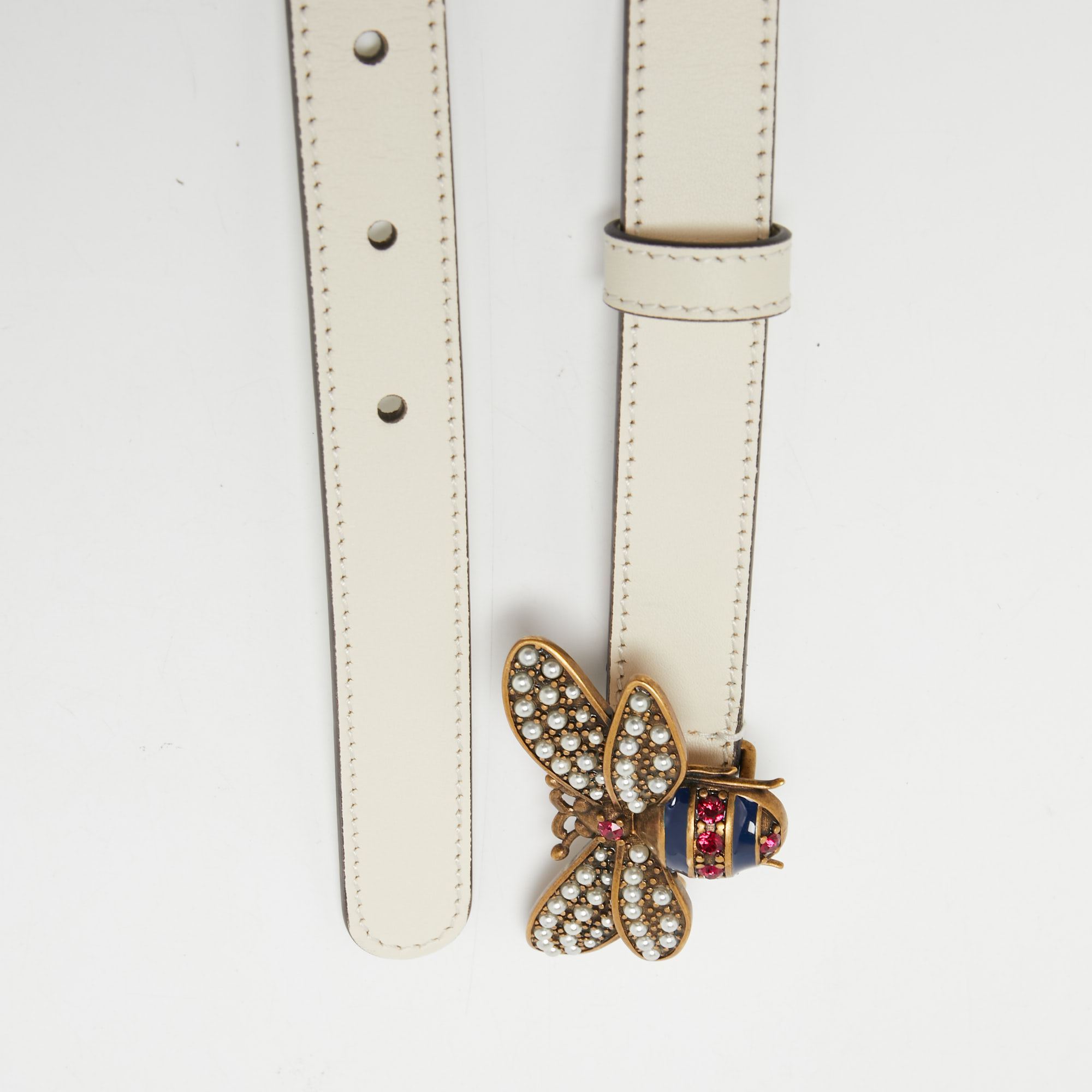 

Gucci Off White Leather Queen Margaret Bee Slim Belt