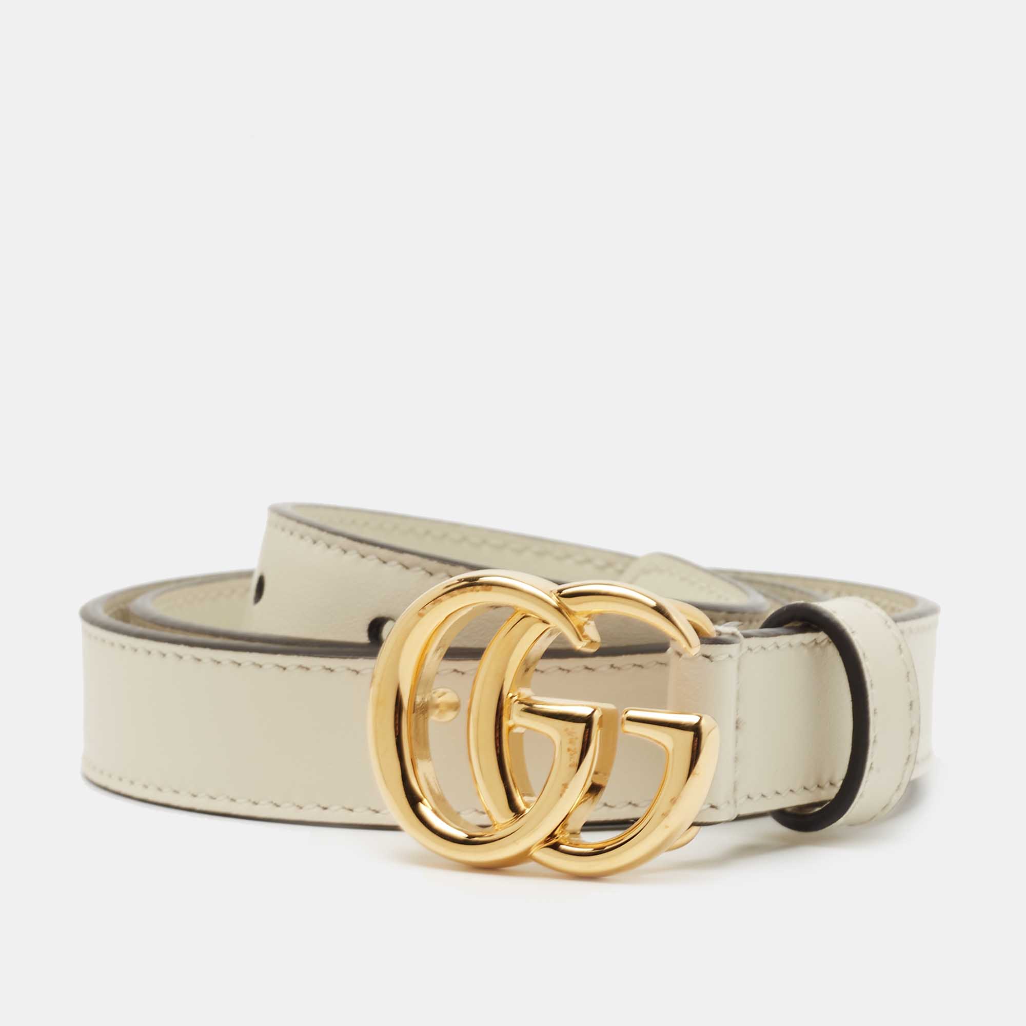 Pre-owned Gucci Off White Leather Gg Marmont Slim Belt 75cm