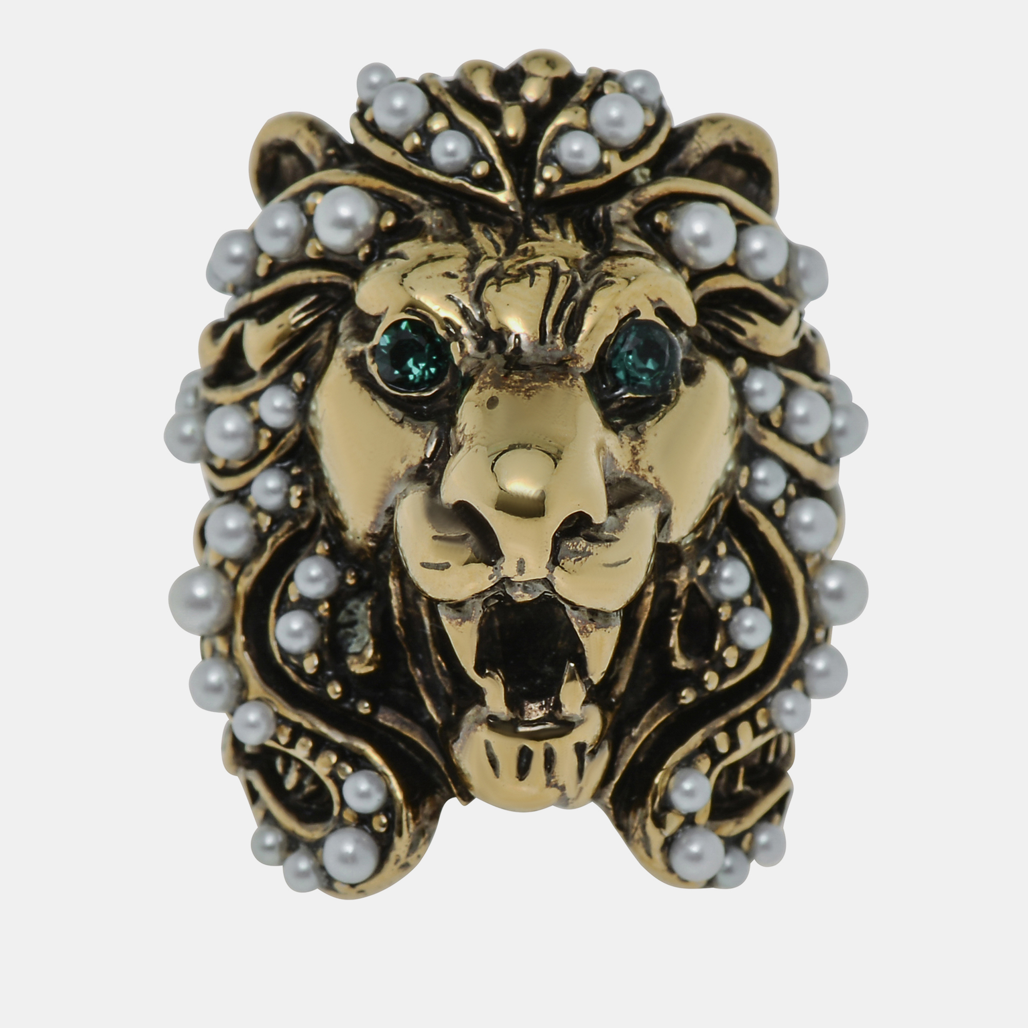 

Gucci Gold-Toned Brass, Green Crystal and Pearl Lion Statement Ring Sz. 6.5