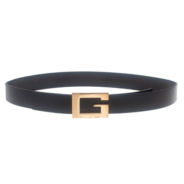 Pre Owned Gucci Black Leather G Buckle Belt 75CM