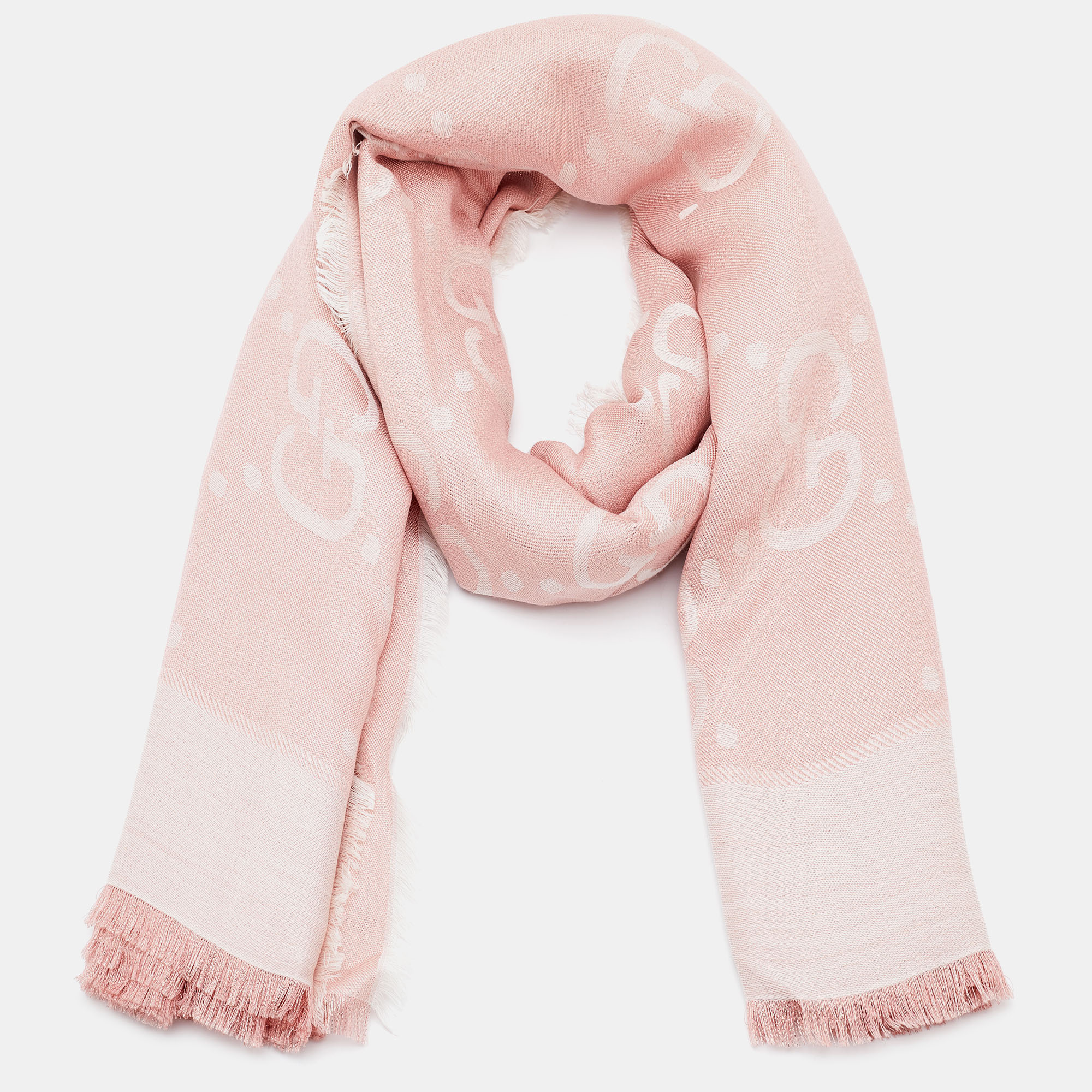 

Gucci Light Pink Logo Lame jacquard Silk & Wool Scarf
