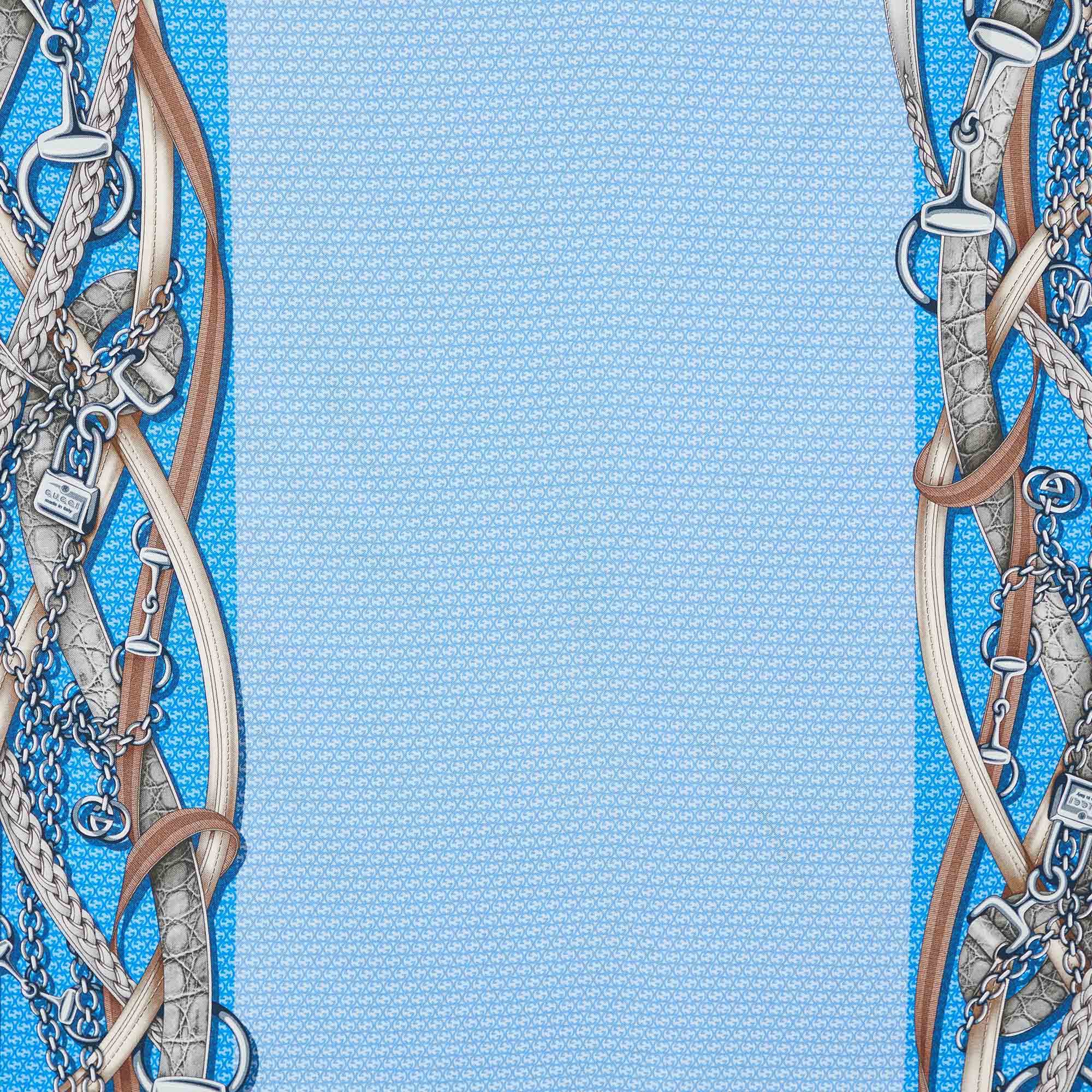 

Gucci Blue Monogram Chain Printed Silk Square Scarf