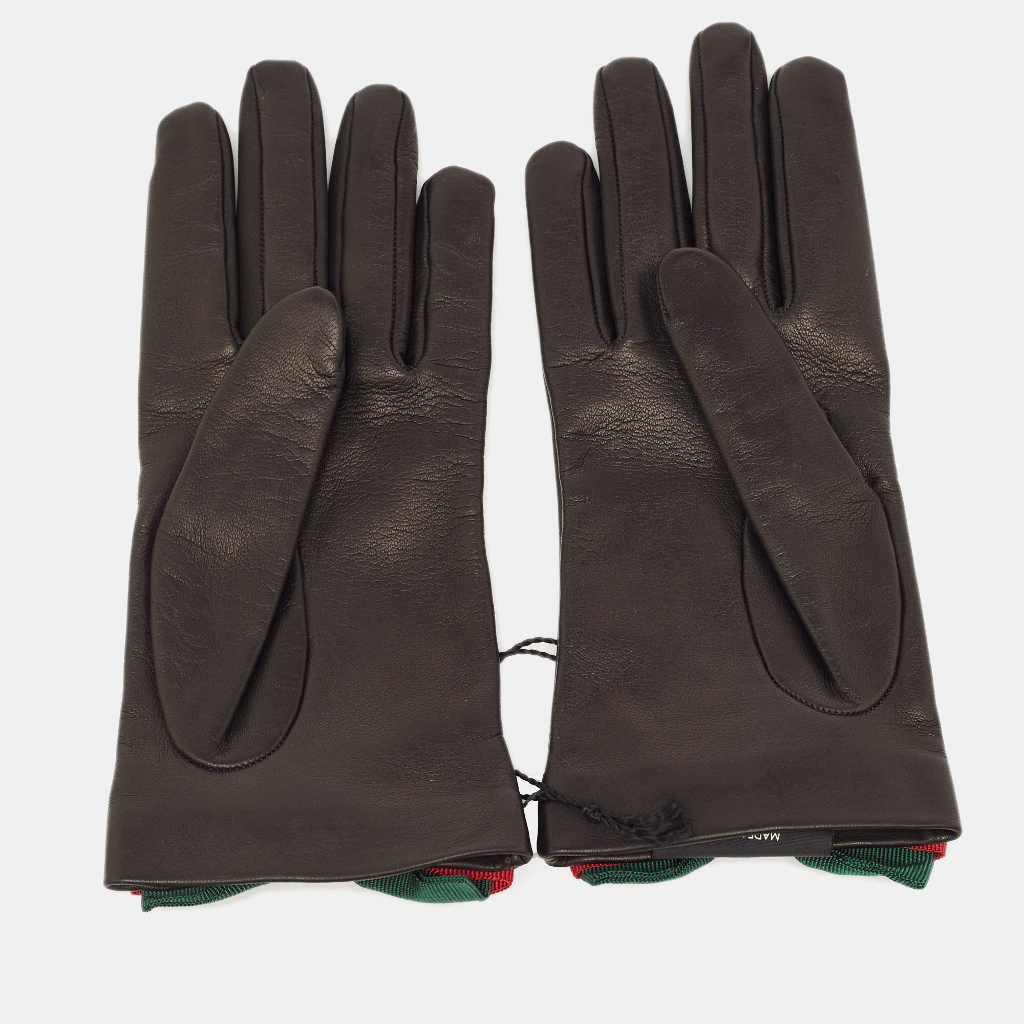 

Gucci Black Lambskin Leather Web Bow Gloves Size