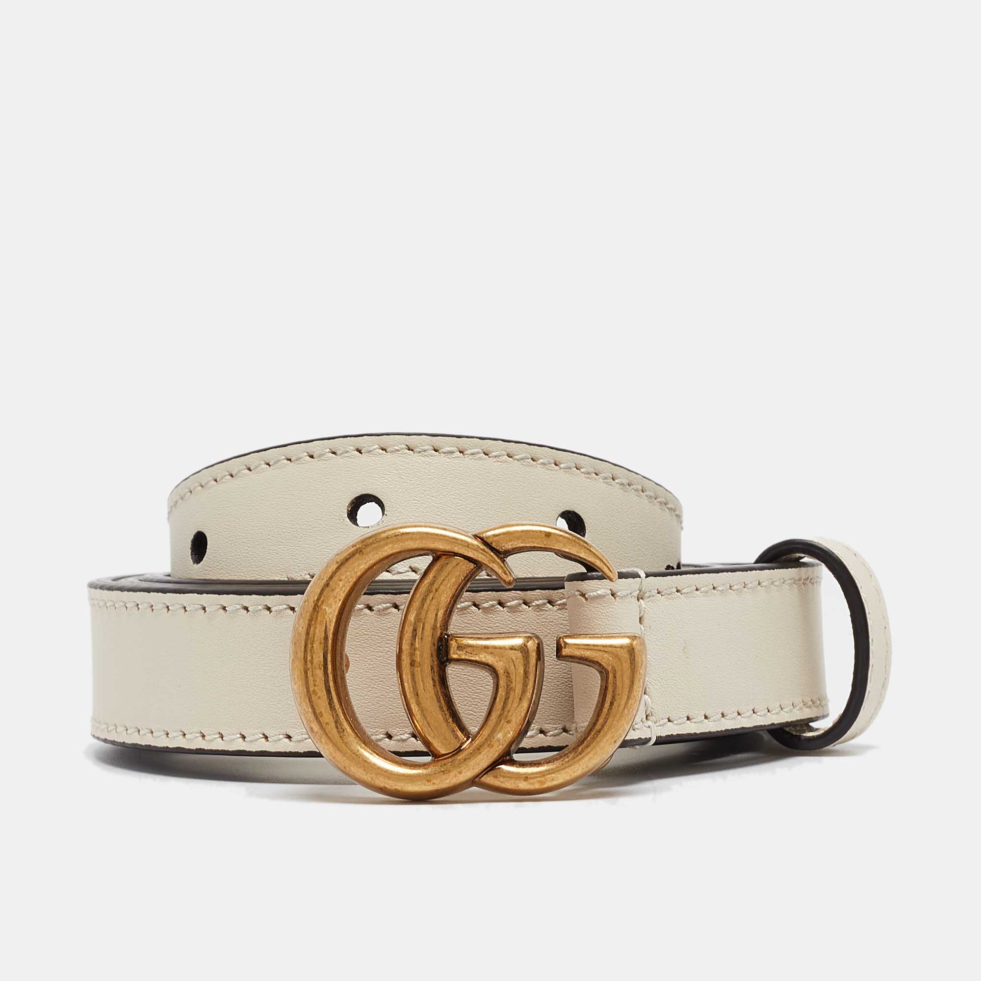 Pre-owned Gucci Cream Leather Gg Marmont Buckle Slim Belt 95cm