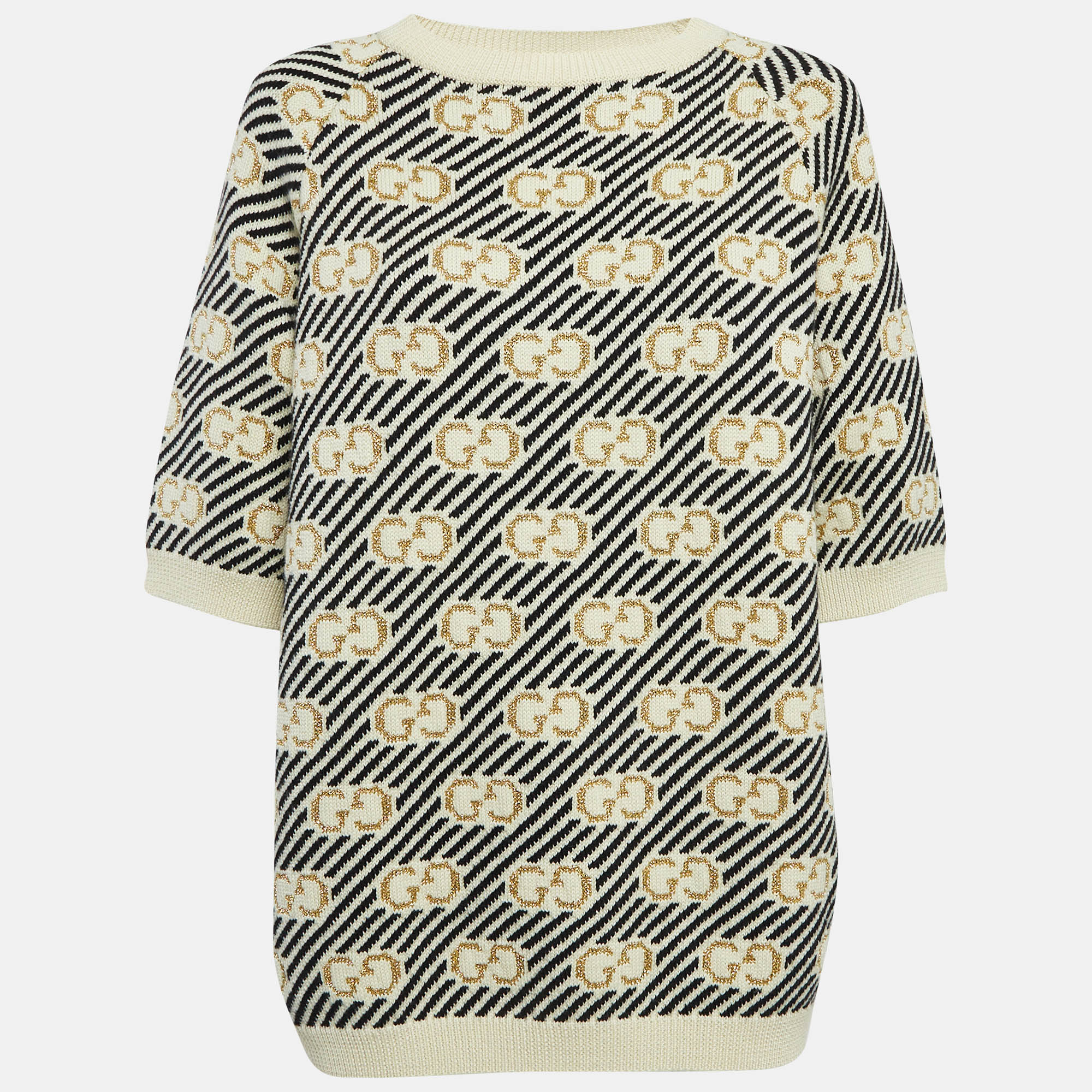 

Gucci Off White/Black GG Lurex Jacquard Wool Crewneck Sweater XS