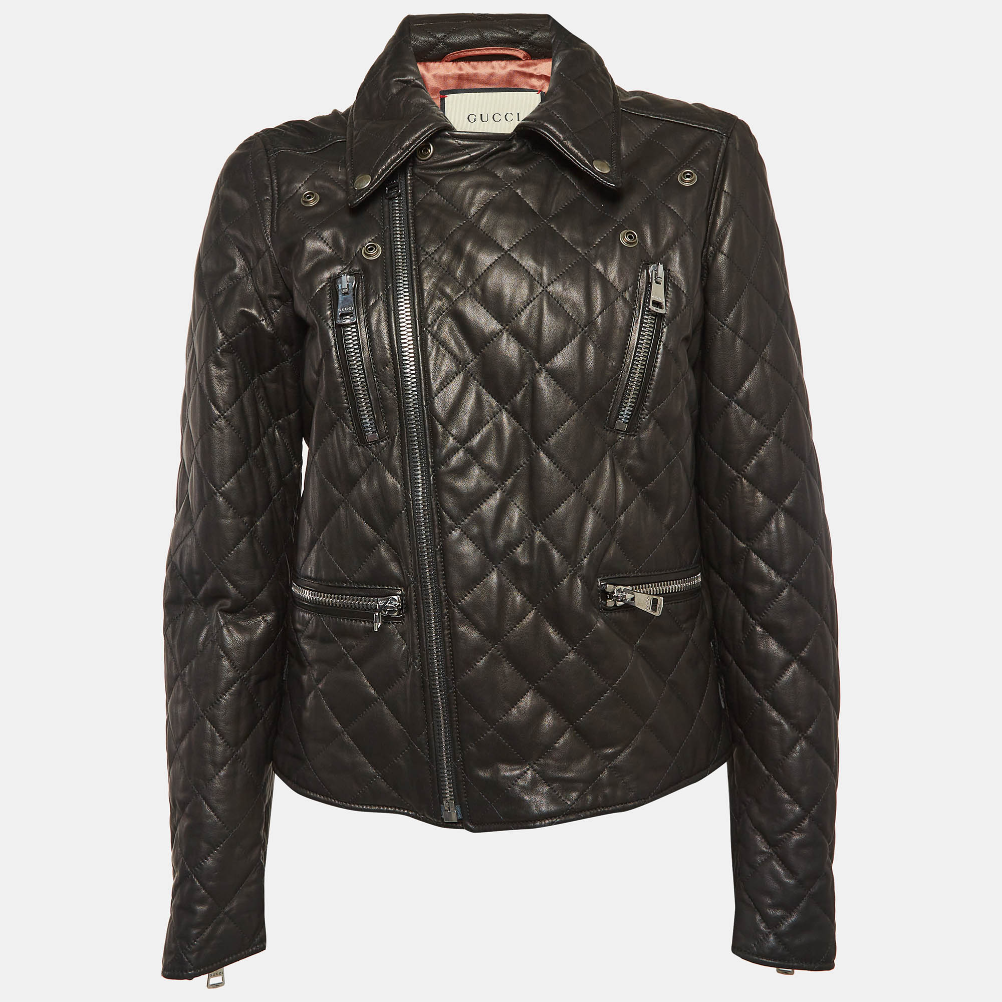 

Gucci Black Pearl Logo Embellished Leather Biker Jacket M