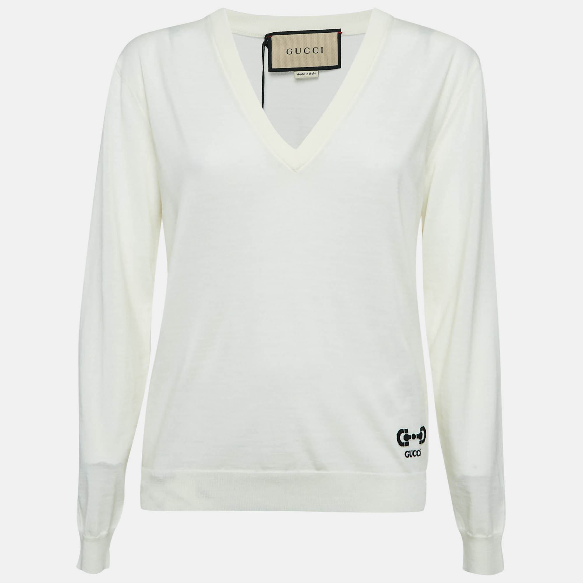 Pre-owned Gucci Cream Horsebit Intarsia Wool Rib Jumper Xs