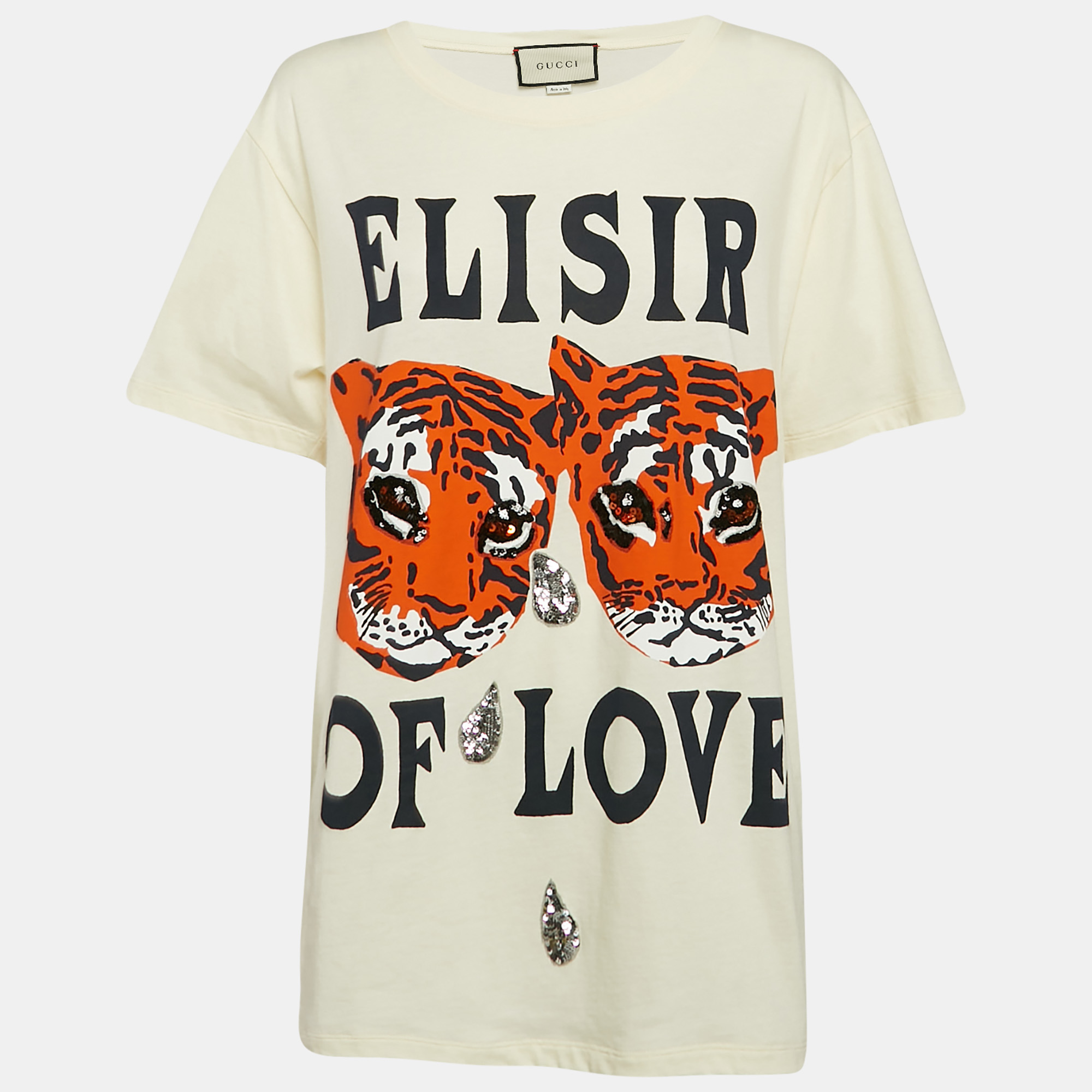 

Gucci Cream Tiger Print and Sequined Cotton Oversize T-Shirt S