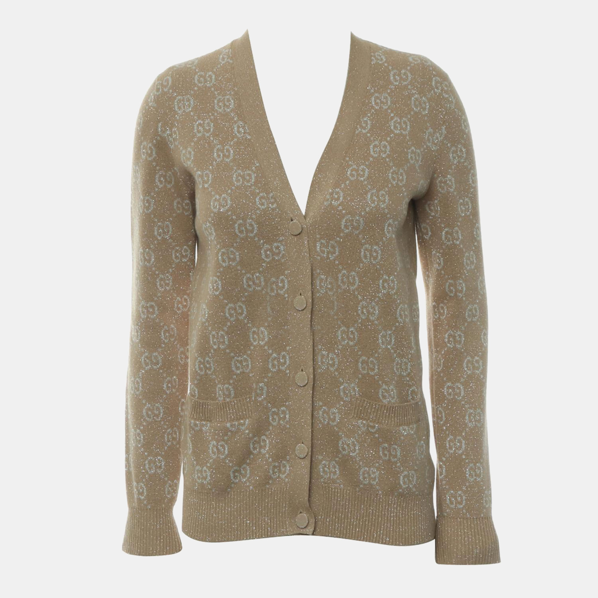 

Gucci Light Brown, Camel, Beige Cotton, Metallised Fiber, GG Jacquard Cardigan