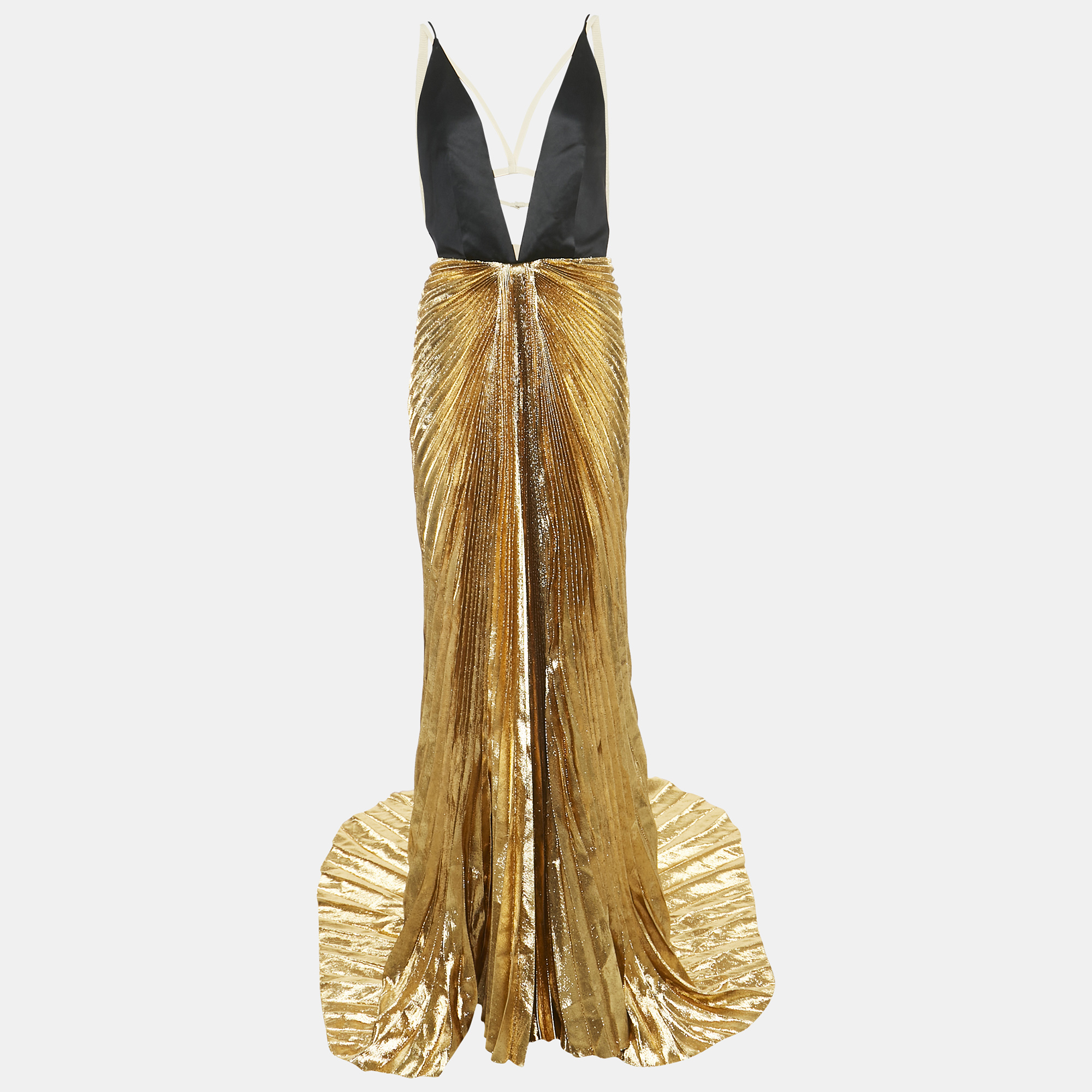 

Gucci Metallic Gold Satin Silk and Lame Plisse Harness Detail Gown L