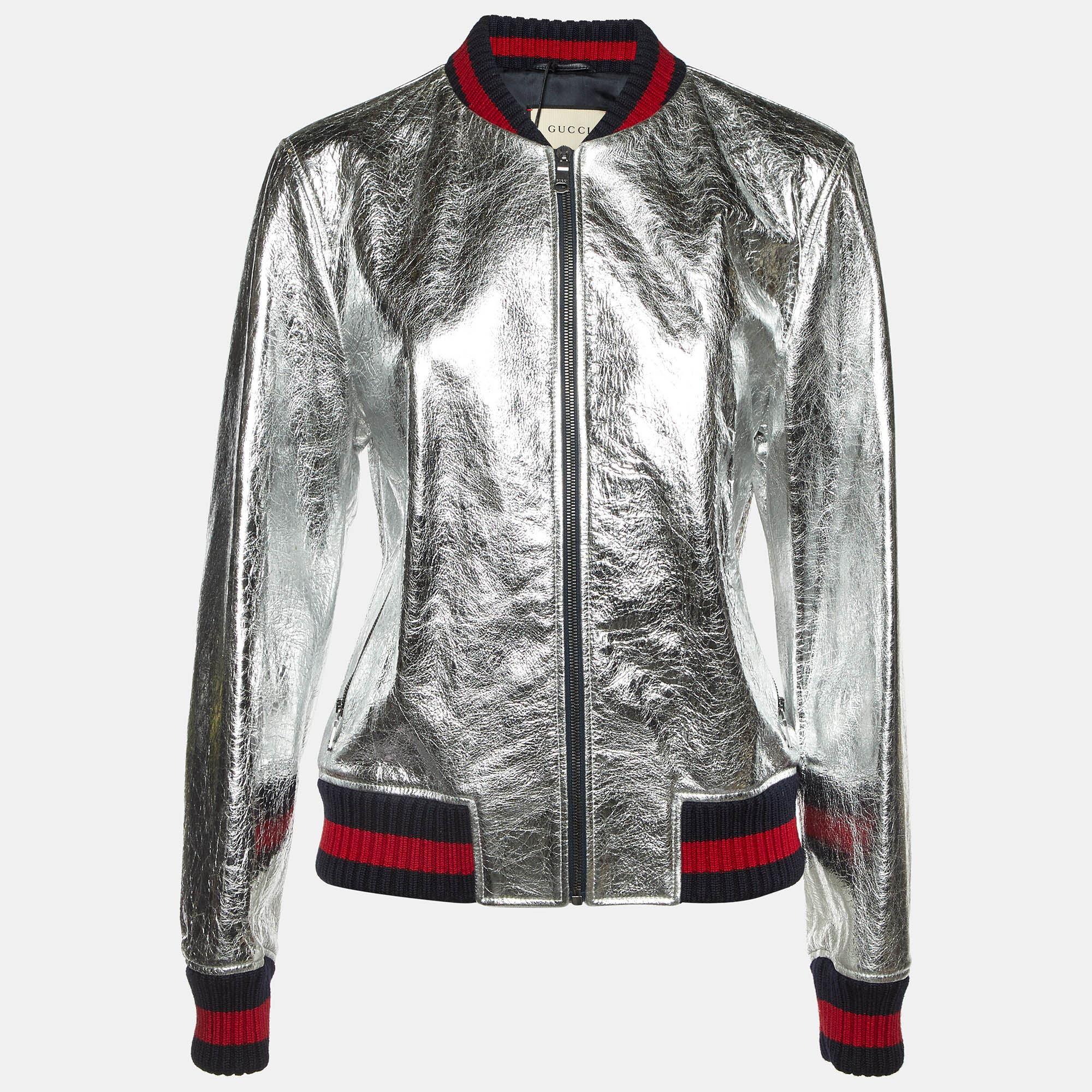 

Gucci Silver Metallic Crinkle Leather Bomber Jacket XL