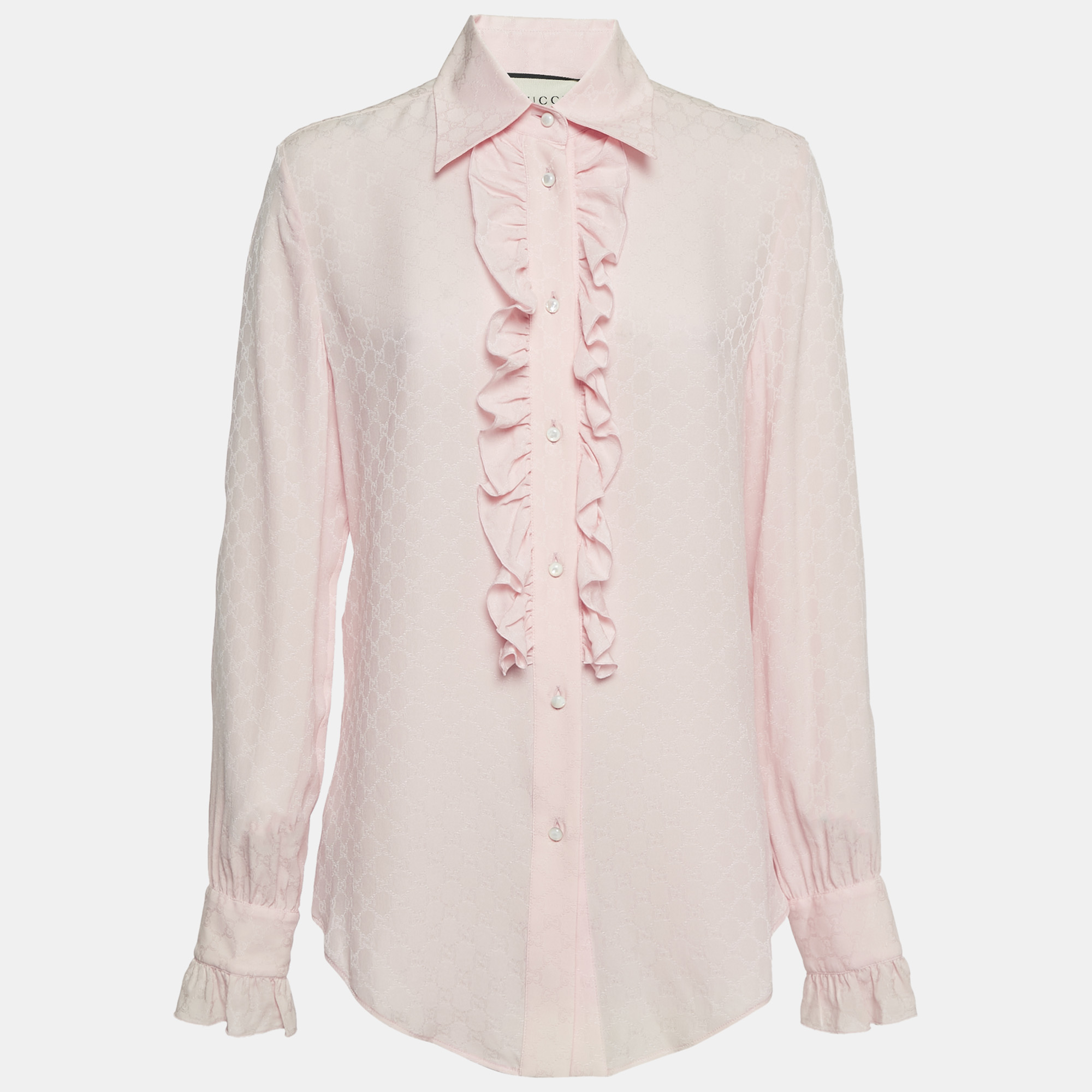 

Gucci Pink Monogram Jacquard Silk Ruffled Long Sleeve Blouse S