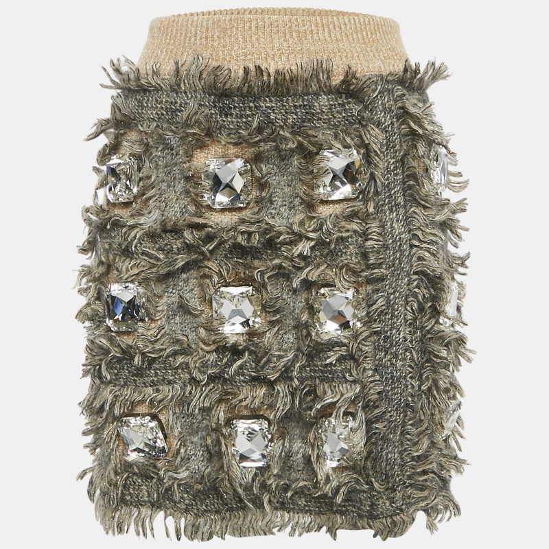 

Gucci Beige Fringed Wool Heavy Crystal Embellished Mini Skirt XS