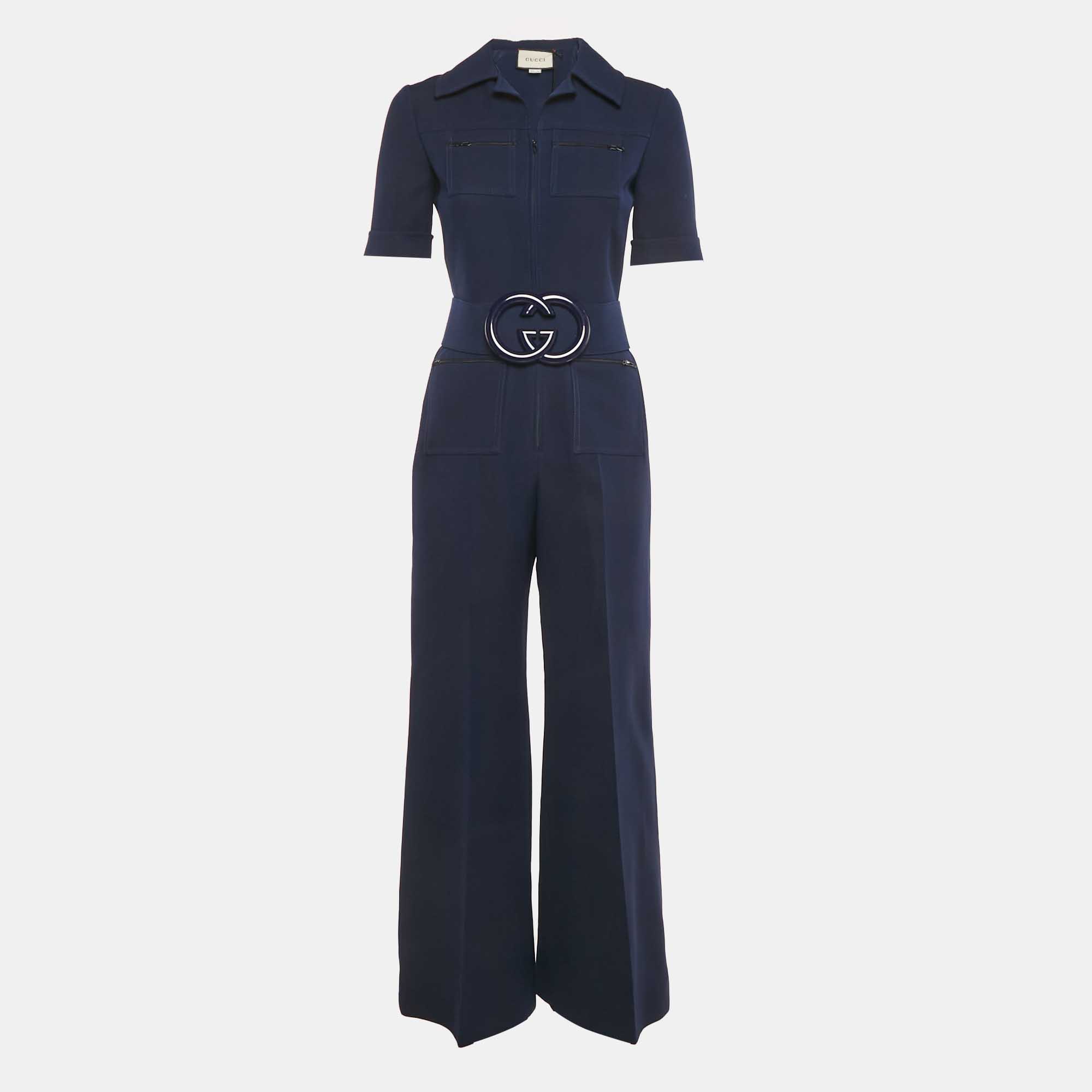 Pre-owned Gucci Navy Blue Wool Blend Logo Belted Flared Jumpsuit S