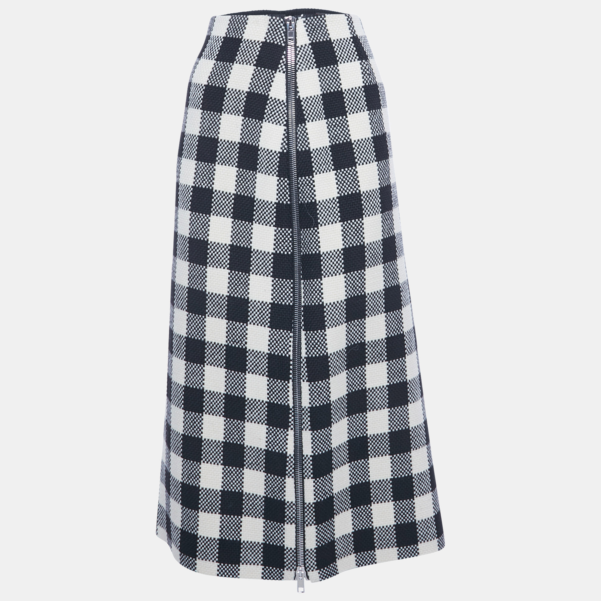 Pre-owned Gucci Monochrome Checker Pattern Wool Side Zip Detail Maxi Skirt M In White