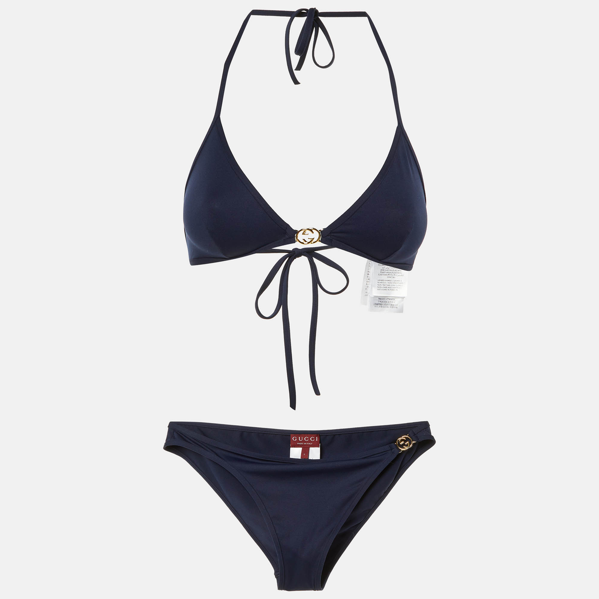 Pre-owned Gucci Navy Blue Gg Sparkling Jersey 2 Piece Bikini L
