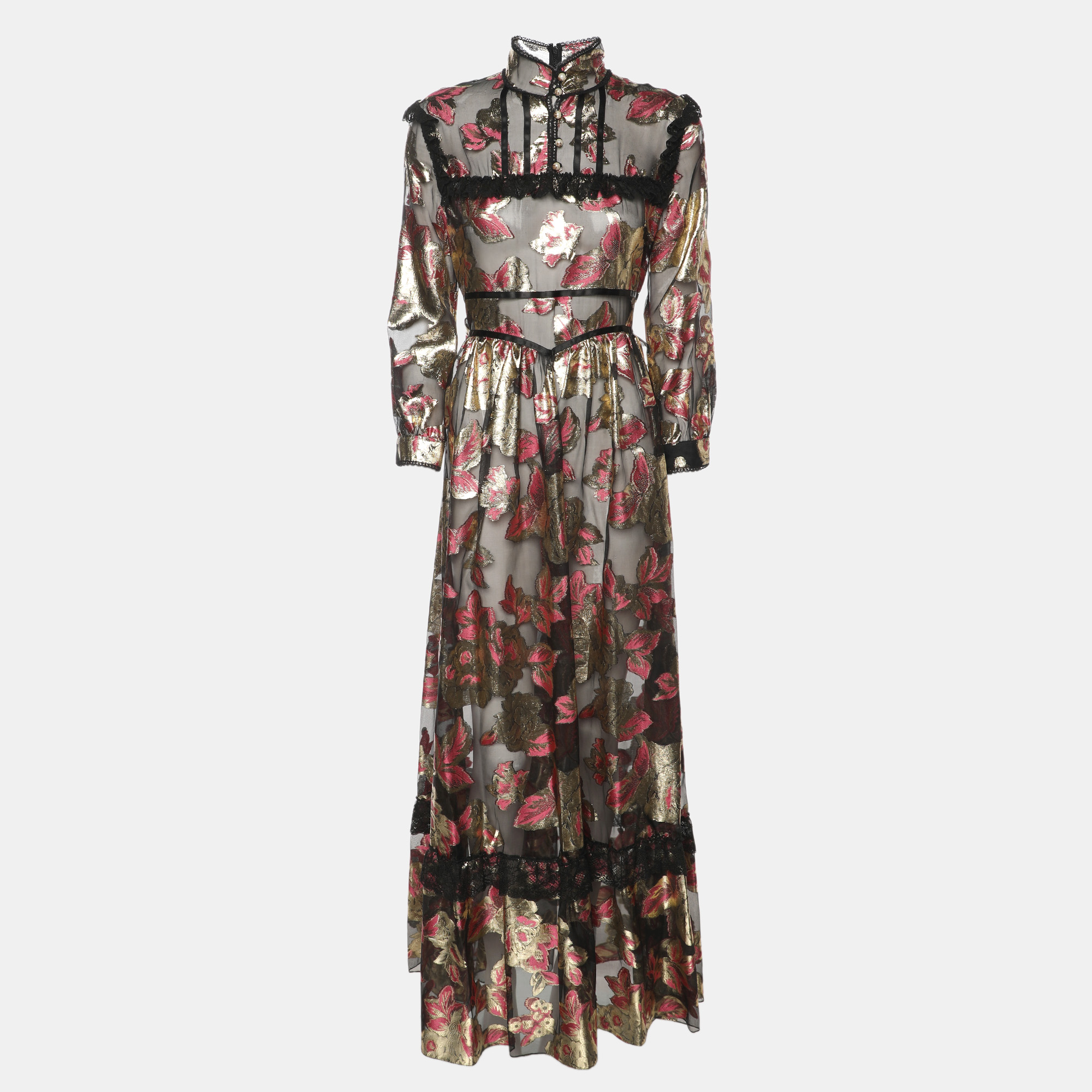 

Gucci Gold/Pink Flora Pattern Tulle and Lace Trim Belted Maxi Dress S, Metallic