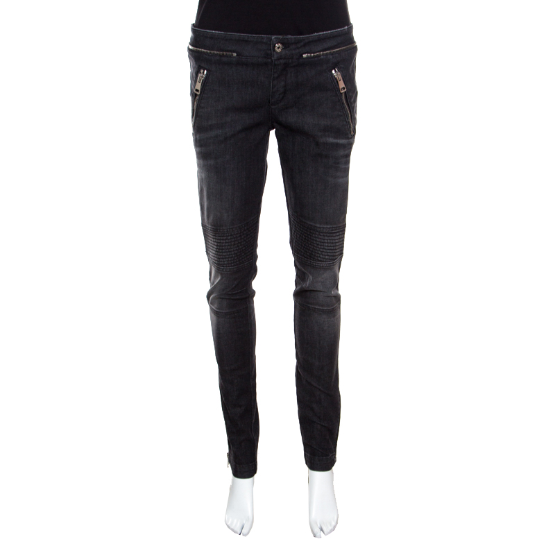 Gucci Dark Grey Faded Effect Denim Distressed Zip Detail Skinny Biker Jeans M