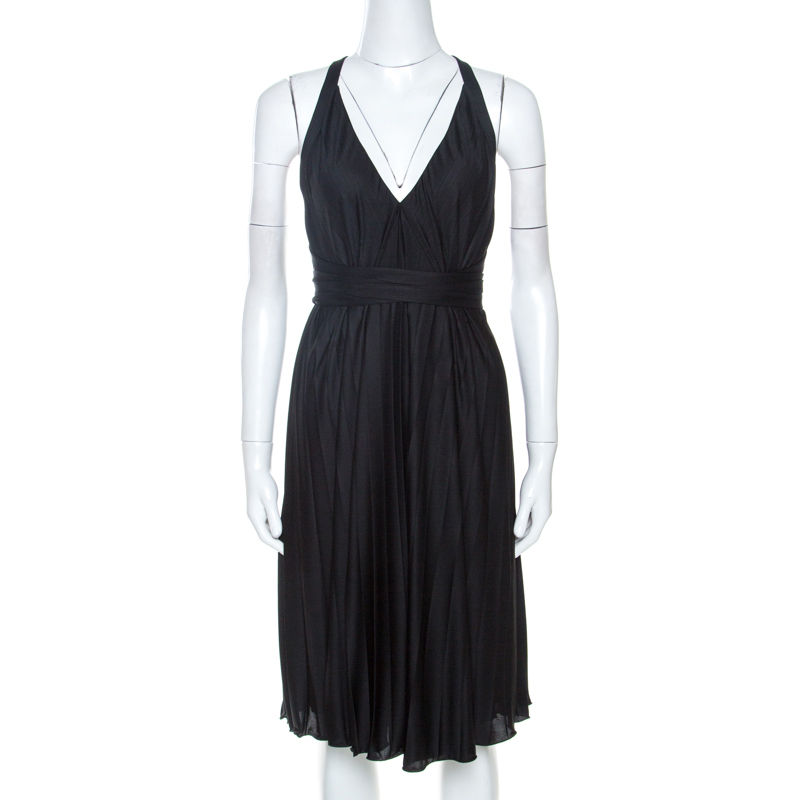 Pre-owned Gucci Black Jersey Crossover Pleated Dress Xs