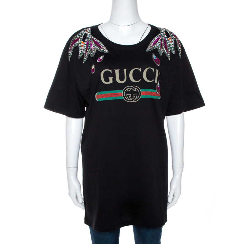 Pre-owned Gucci Black Cotton Embellished Crew Neck T Shirt L