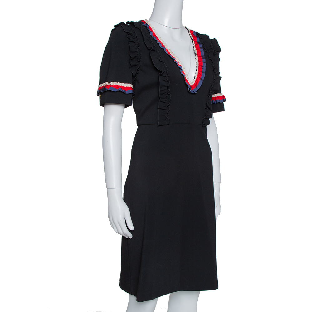 

Gucci Black Jersey Web Trim Ruffled Sheath Dress