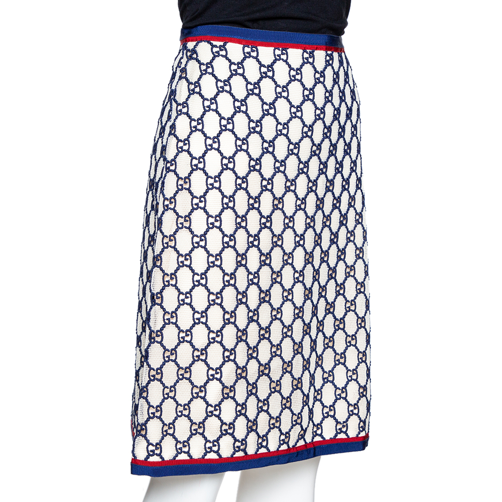 

Gucci Navy Blue & Cream GG Macrame Overlay A-Line Skirt