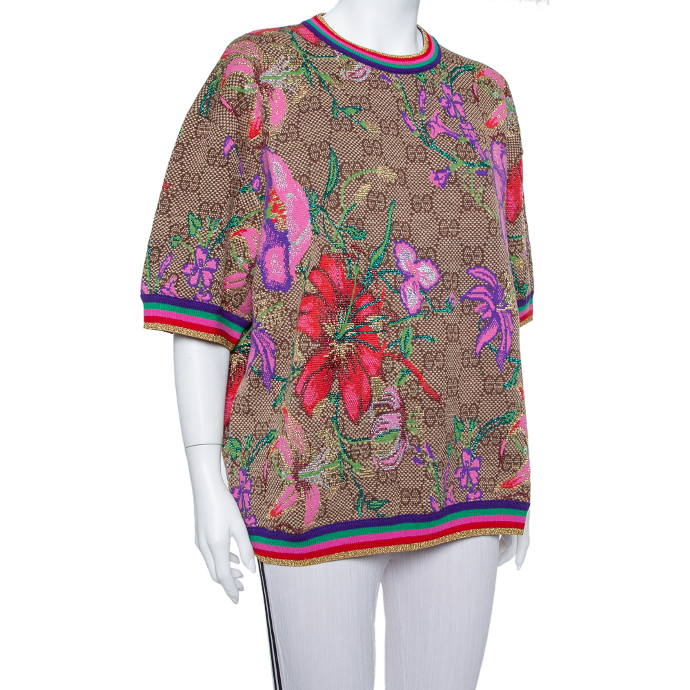 

Gucci Brown Floral Logo Monogram Lurex Knit Short Sleeve Sweater
