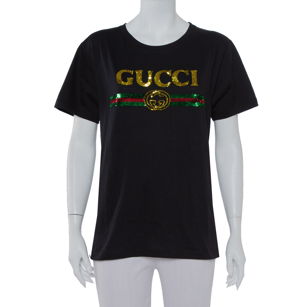Pre-owned Gucci Black Cotton Sequin Embellished Tiger & Logo Detail Oversized T-shirt Xs