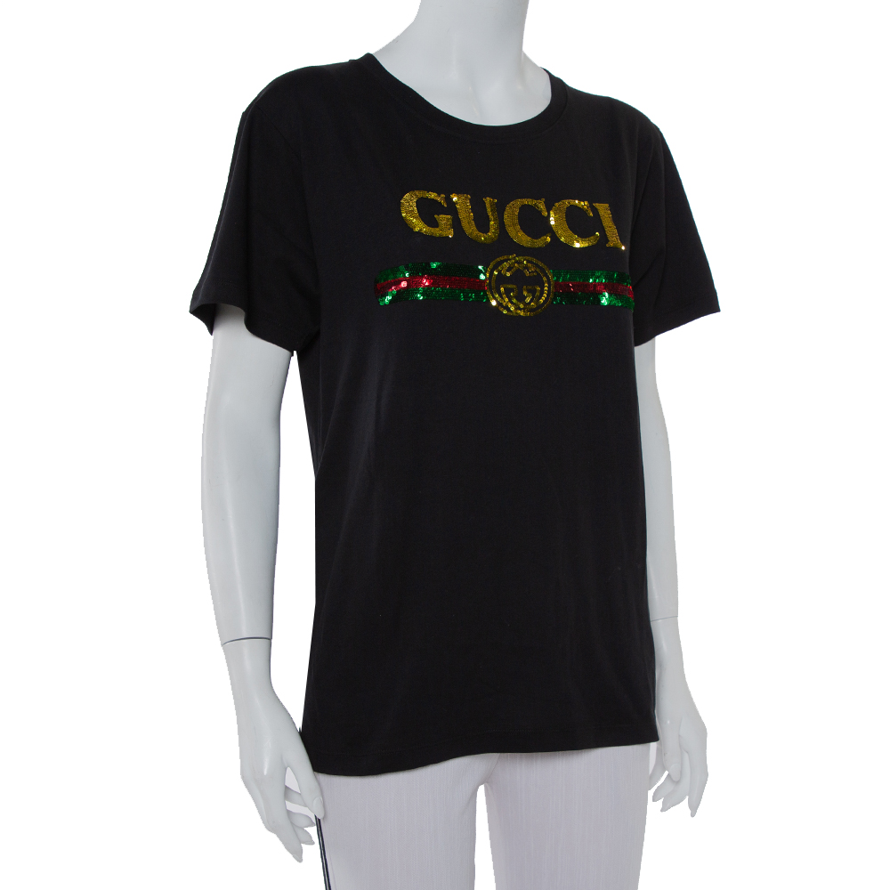 

Gucci Black Cotton Sequin Embellished Tiger & Logo Detail Oversized T-shirt