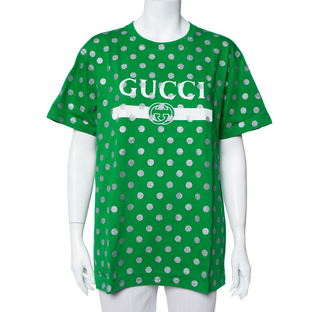 Pre-owned Gucci Green Glitter Polka Dot & Logo Printed Cotton Crewneck T-shirt Xs