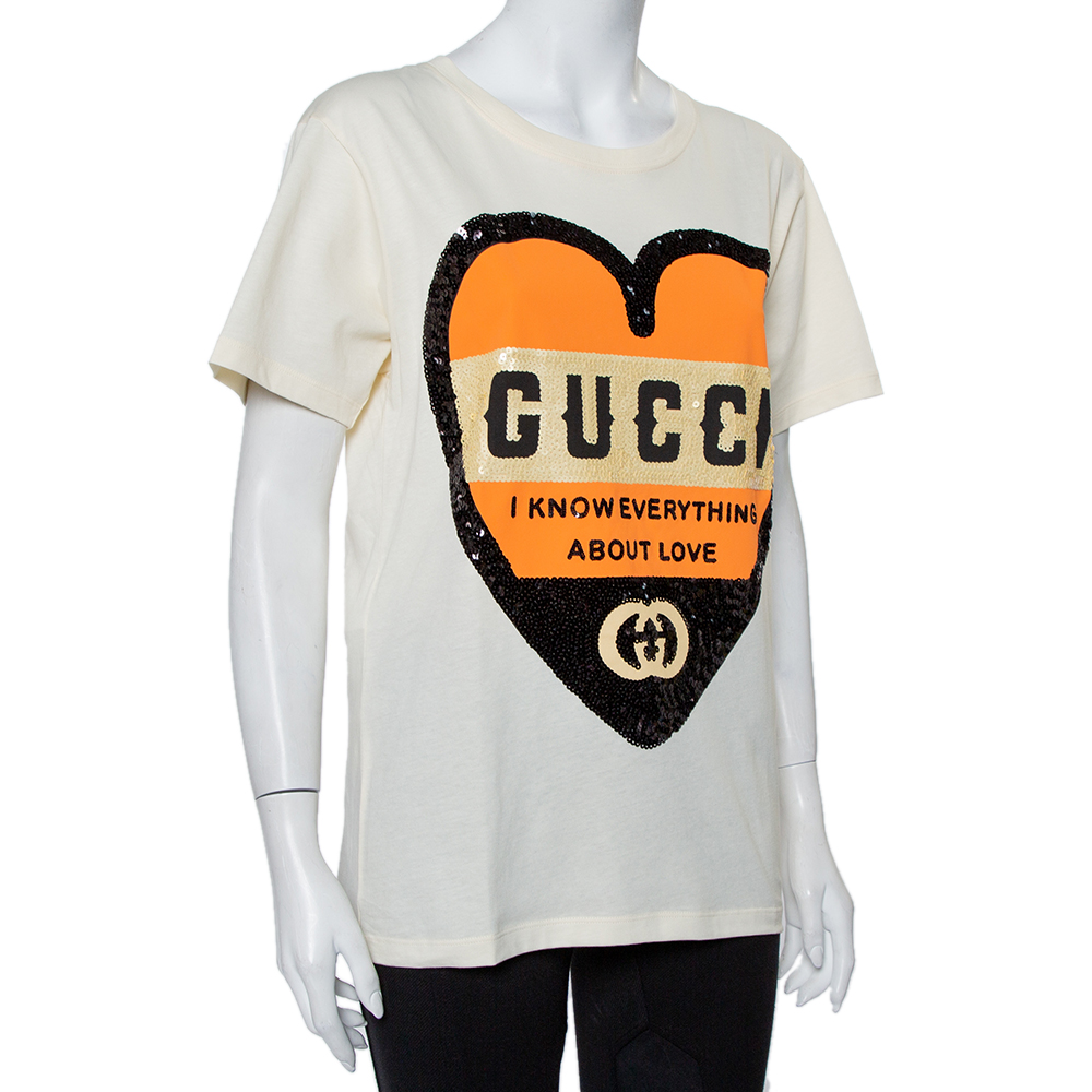 

Gucci Cream Cotton Sequin Embellished Heart Detail Oversized Crewneck T-Shirt