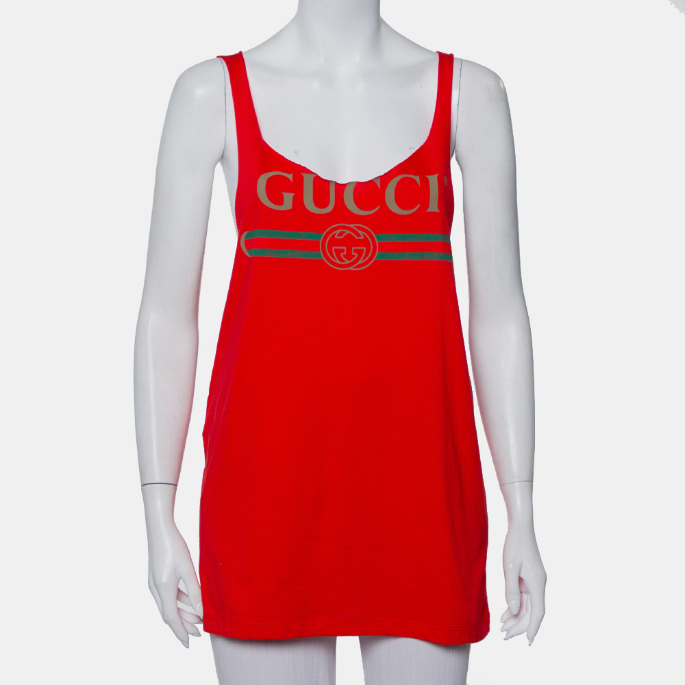 Pre-owned Gucci Red Logo Printed Cotton Tank Top S