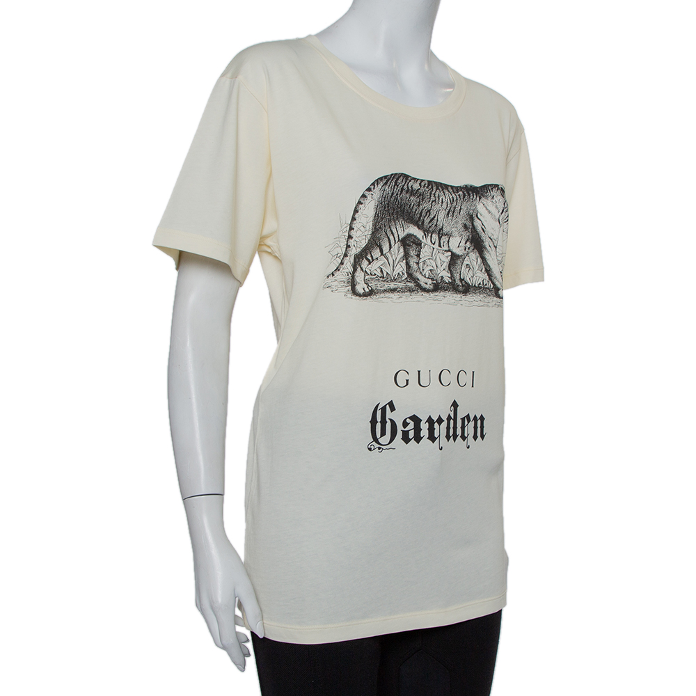 

Gucci Garden Cream Tiger Printed Cotton Crewneck T-Shirt