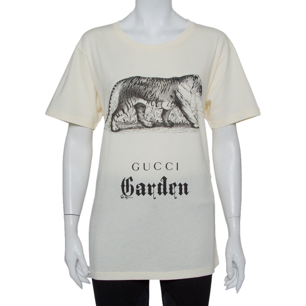 Pre-owned Gucci Garden Cream Tiger Printed Cotton Crewneck T-shirt S