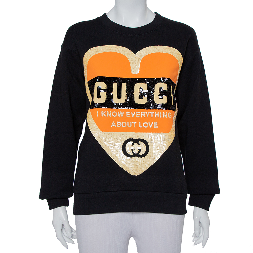Pre-owned Gucci Black Cotton Sequin Embellished Logo Heart Detail Crewneck Sweatshirt Xs