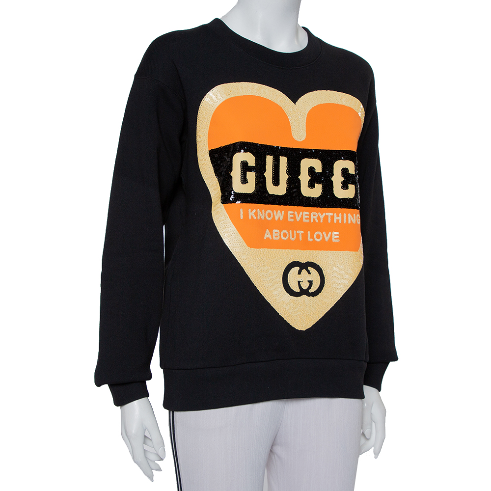 

Gucci Black Cotton Sequin Embellished Logo Heart Detail Crewneck Sweatshirt