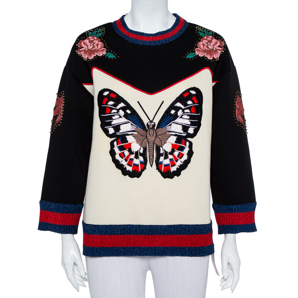 Pre-owned Gucci Multicolor Bonded Cotton Butterfly Embroidered Jumper L