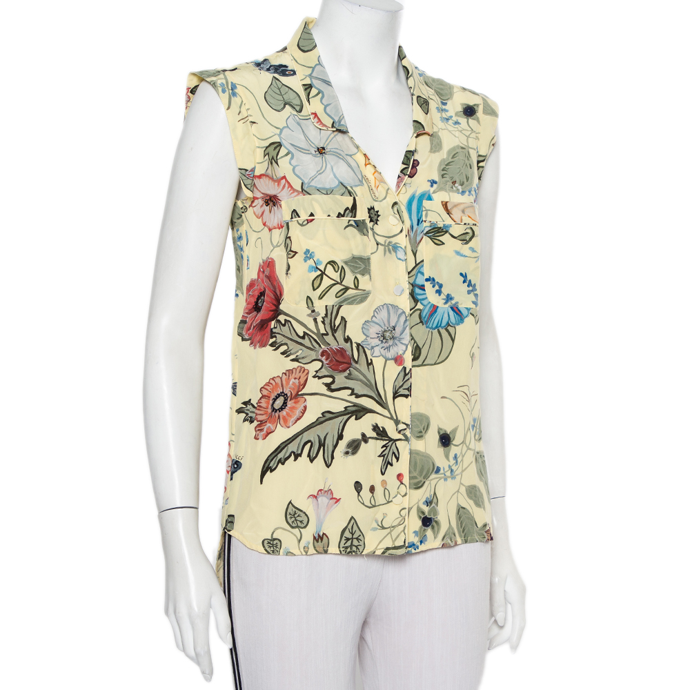 

Gucci Yellow Floral Printed Silk Button Front Sleeveless Shirt