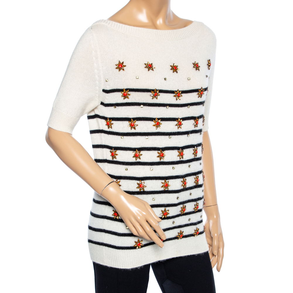 

Gucci Off-White Striped Cashmere Embellished Sweater