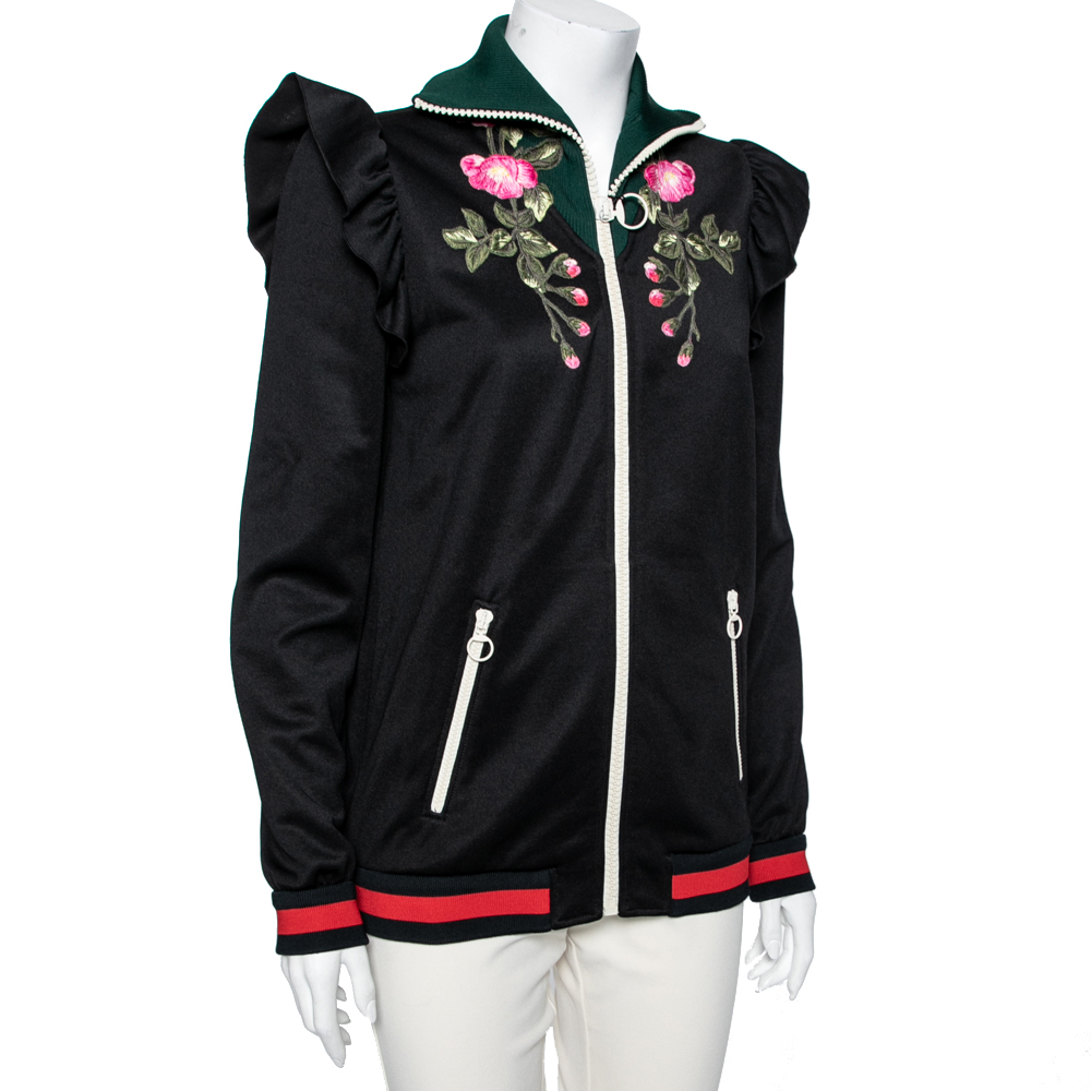 

Gucci Black Jersey Floral Embroidered Ruffled Detail Technical Jacket