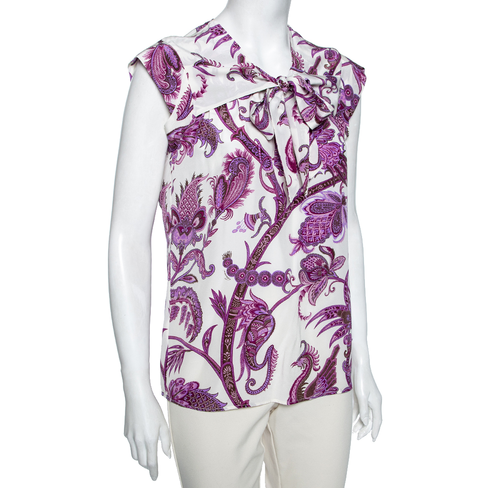 

Gucci Purple Abstract Paisley Printed Silk Bow Tie Front Short Sleeve Top, White